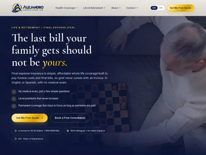 Final expense insurance page of the redesigned Alejandro Associates site