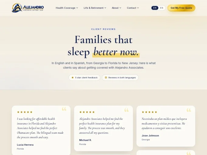 Reviews page of the redesigned Alejandro Associates site