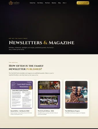 Newsletters page of the redesigned Cash-Neill Family site