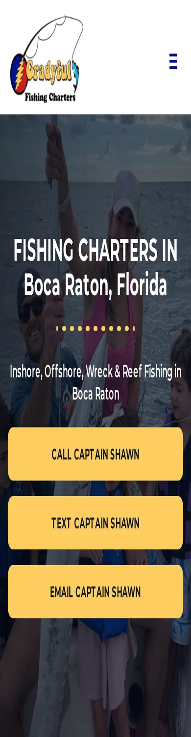 Original Gradyful Fishing Charters homepage captured on a real iPhone-size viewport