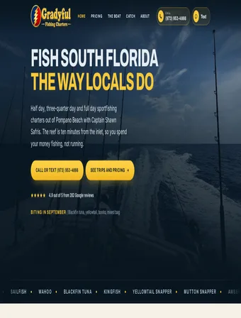 The redesigned Gradyful Fishing Charters homepage