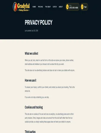 Privacy Policy page of the redesigned Gradyful Fishing Charters site
