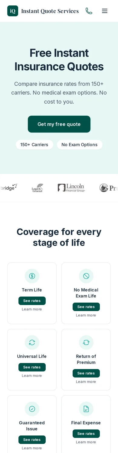 Original Insure Instant Quote homepage captured on an iPhone-size viewport