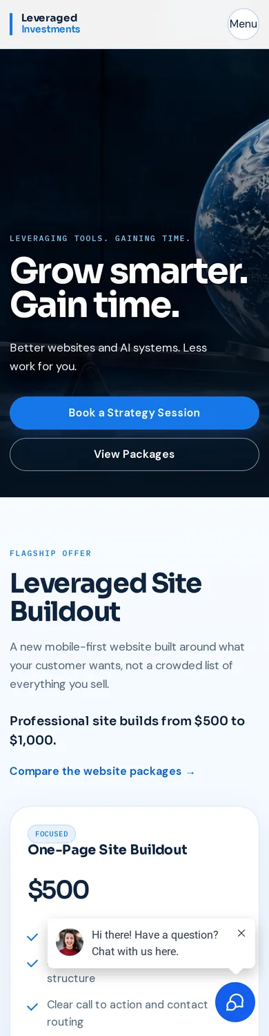 Original Leveraged Investments homepage captured on an iPhone-size viewport