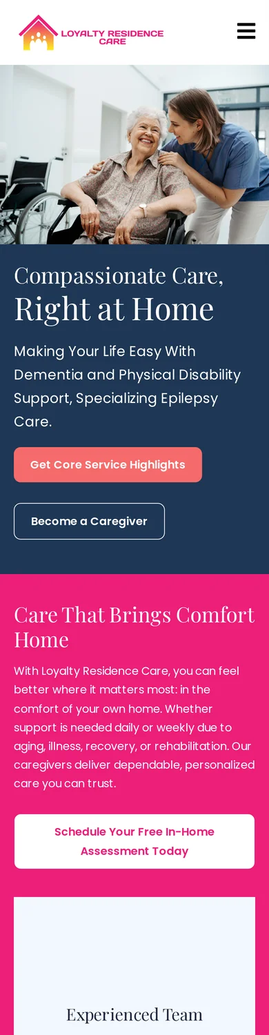 Original Loyalty Residence Care homepage captured on an iPhone-size viewport