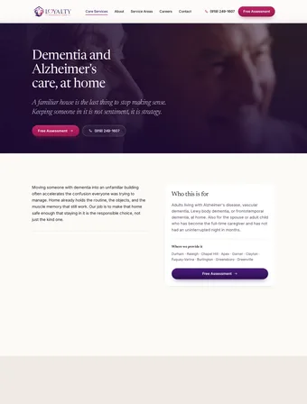 Dementia and Alzheimer's Care page of the redesigned Loyalty Residence Care site