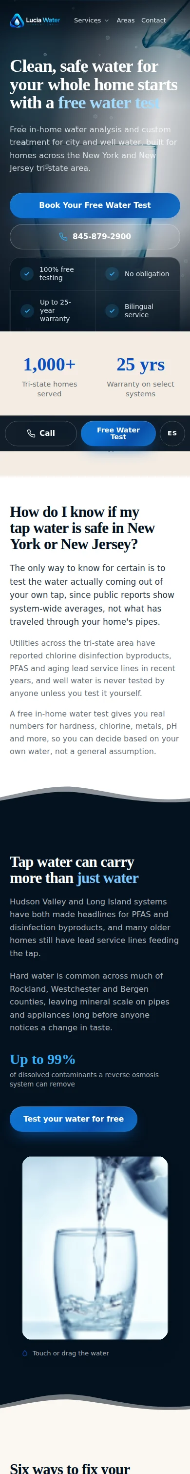 Redesigned Lucia Water Solutions homepage captured on an iPhone-size viewport