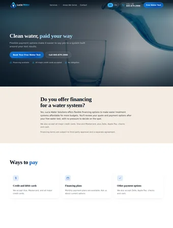 Financing page of the redesigned Lucia Water Solutions site