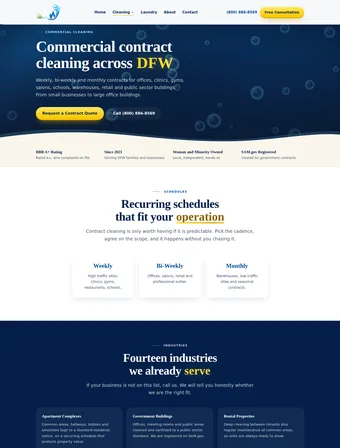 Commercial Cleaning page of the redesigned Never Wash Again site