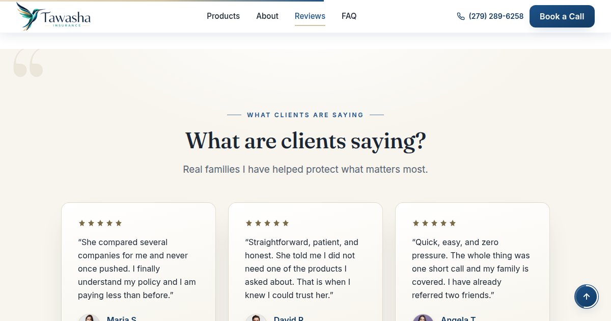 Tawasha Insurance client reviews page, live