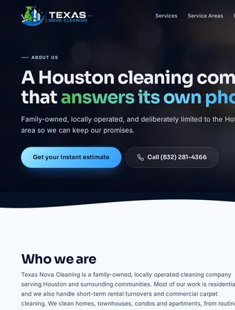About page of the redesigned Texas Nova Cleaning site
