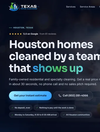 The redesigned Texas Nova Cleaning homepage